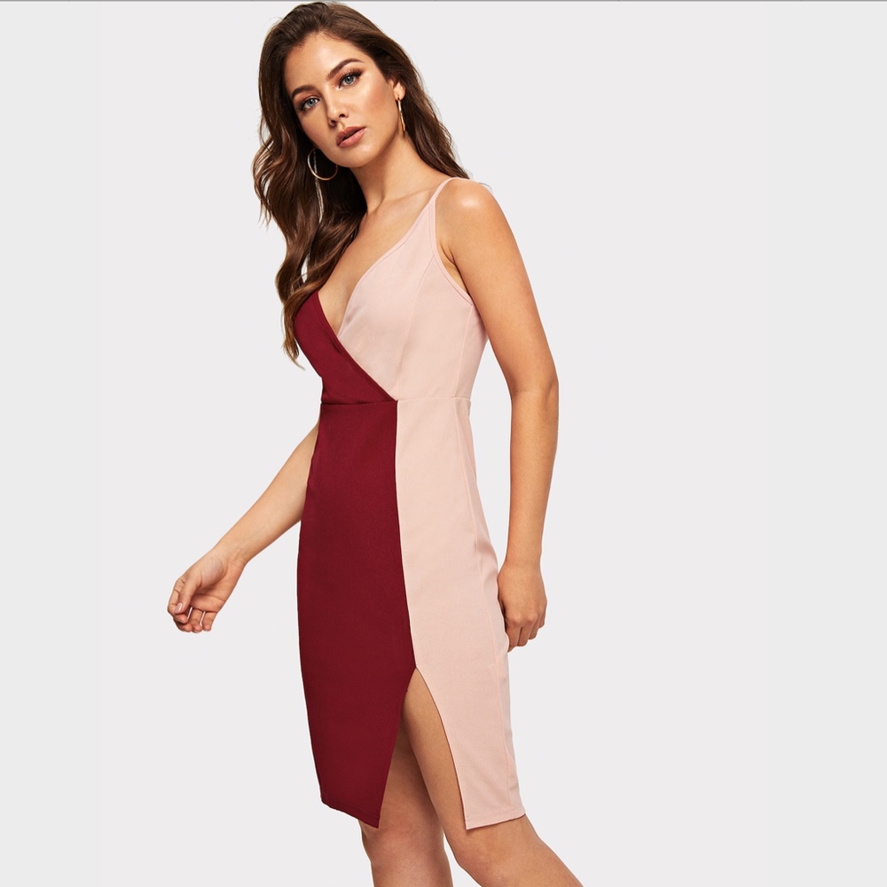 Color Block Cami Dress Slit Asymmetric Pink & Wine - Picture 3 of 8